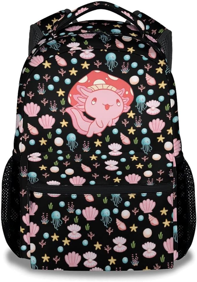 Mercuryelf Axolotl Backpack for Girls, 16 Inch Black Backpacks for School Travel, Cute Lightweight Bookbag for Kids
