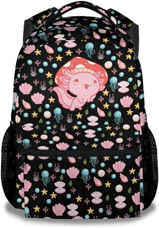 Mercuryelf Axolotl Backpack for Girls, 16 Inch Black Backpacks for School Travel, Cute Lightweight Bookbag for Kids