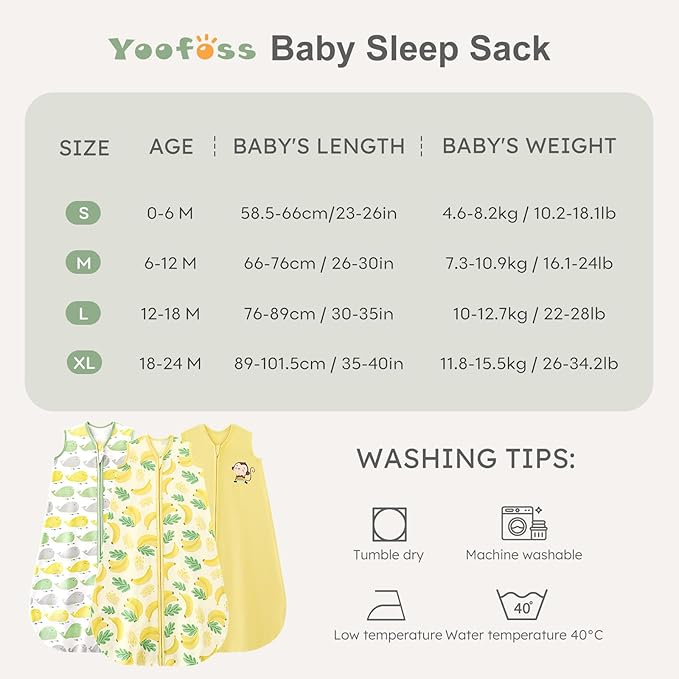 Yoofoss Baby Sleep Sack 6-12 Months Wearable Blanket for Babies 100% Organic Cotton 2-Way Zipper TOG 0.5 Toddler Sleeping Sack 3 Pack, Comfy Lightweight Sleep Sacks