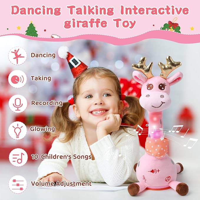 Dancing Talking Giraffe with Golden Antlers Toy, Stuffed Animal Baby Toy Repeating What You Say, Glowing Musical Electronic Giraffe with Golden Anlters Gifts for Toddlers 1-3 Years Old (Pink)