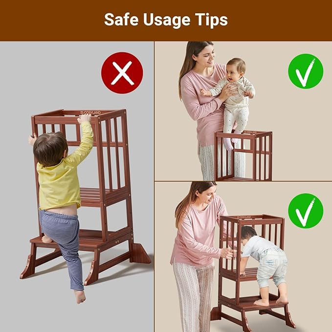 COSYLAND Toddler Step Stool Height Adjustable – Portable Kids Kitchen Stool Helper with Stabilizing Base Block – Toddler Standing Tower for Bathroom Kitchen Living Room Dining Room (Brown)