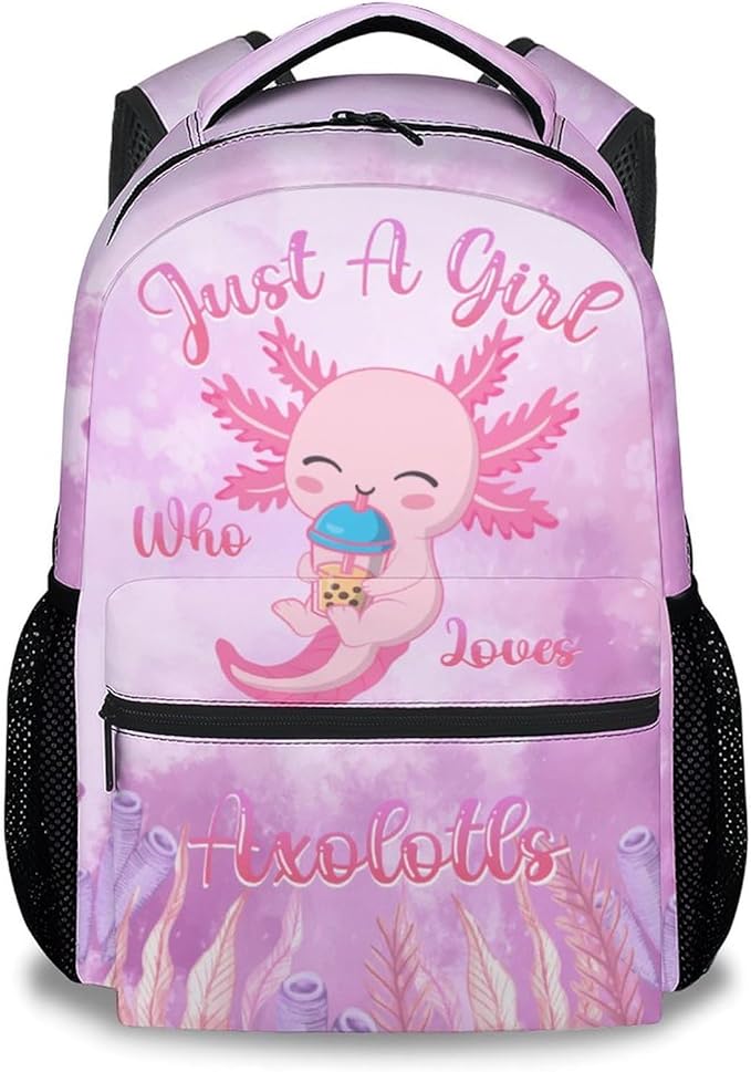 COZYAURA Kids School Backpack - 17 Inch Cute Axolotl Bookbag for Girls - Durable Pink School Bag for Elementary & Travel