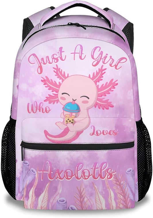 COZYAURA Kids School Backpack - 17 Inch Cute Axolotl Bookbag for Girls - Durable Pink School Bag for Elementary & Travel