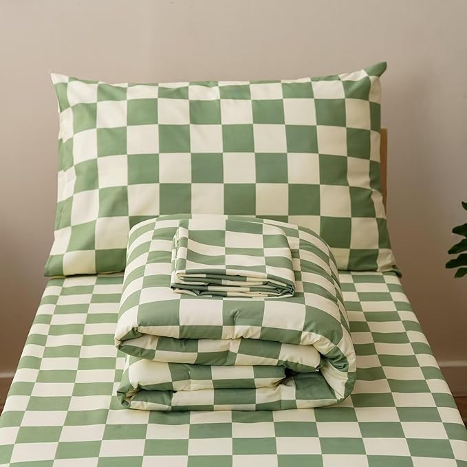 CLOTHKNOW Plaid Toddler Bedding Sets for Boys Grils, 4 Pieces Green White Grid Checkerboard Pattern, Soft Crib Bed Set Including Comforter, Flat Sheet, Fitted Sheet and Pillowcase, Green Beige