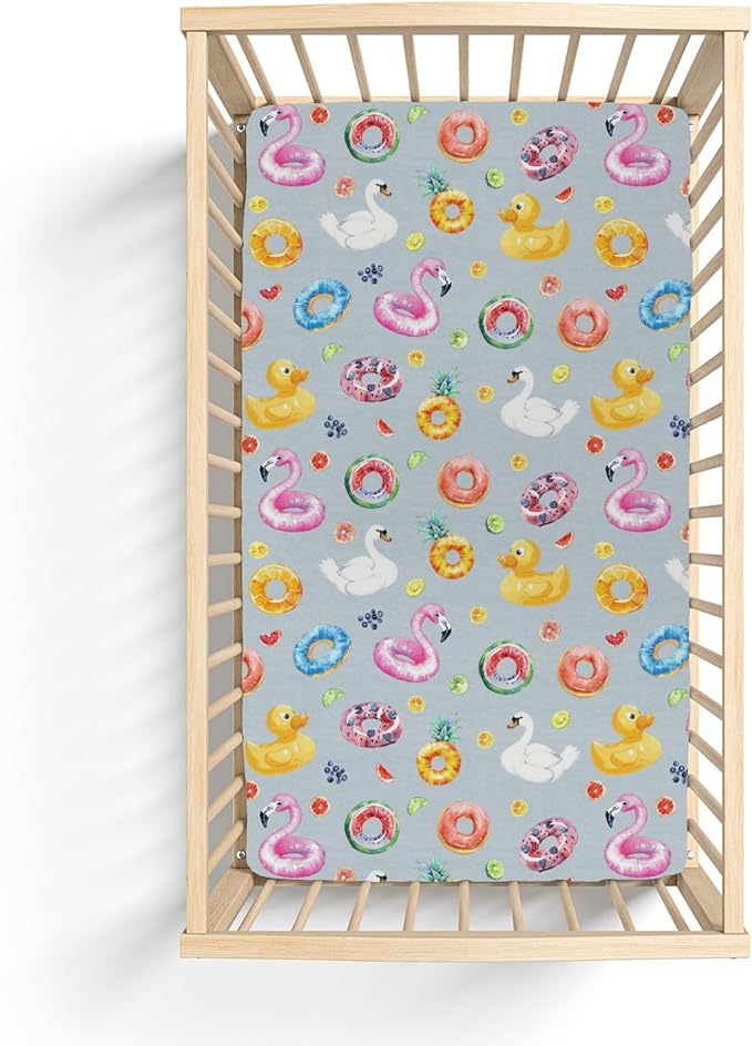Summer Pool Floats Baby Crib Sheets for Boy Girl 52x28Inch Fun Beach Flamingo Duck Fruits Floats Soft Stretchy Fitted Crib Mattress Cover Travel Vacation Baby Sheet for Crib & Toddler Bed Mattress