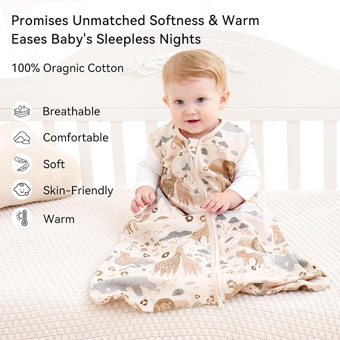 Baby Sleep Sack 18-24 Months 0.5 Tog Wearable Blanket Baby, 3 Pack 100% Cotton Lightweight Sleeping Sack with 2-Way Zipper for Infant Toddler Apricot Gray Green Elephant