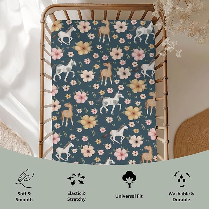 Watercolor Horse Floral Baby Crib Sheets for Boy Girl 52"x28" Running Horses Boho Flowers Soft Snug Fitted Crib Mattress Cover Wild Animals Baby Sheet for Standard Crib & Toddler Bed Mattress Navy