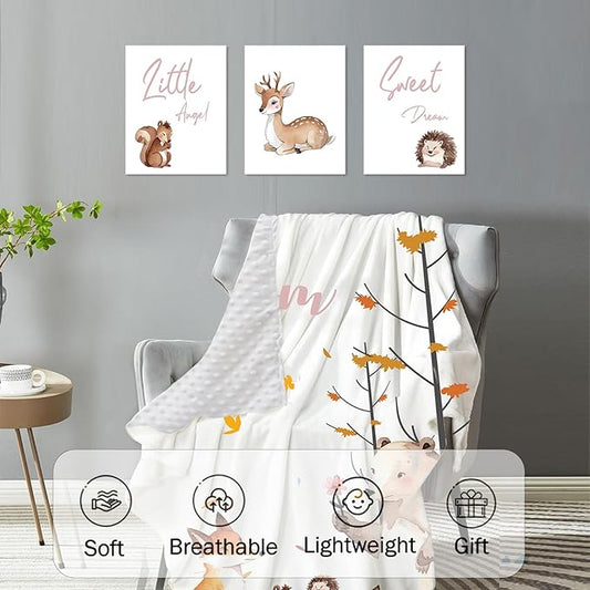 Custom Baby Crib Bedding Set,Personalized Name Fox Sika Deer Pattern Nursery Bed Set 4 Piece,Baby Blanket Fitted Sheet Nursery Rug Wall Art Set,Custom Room Decor Idea Gift for Newborns Boys Girls