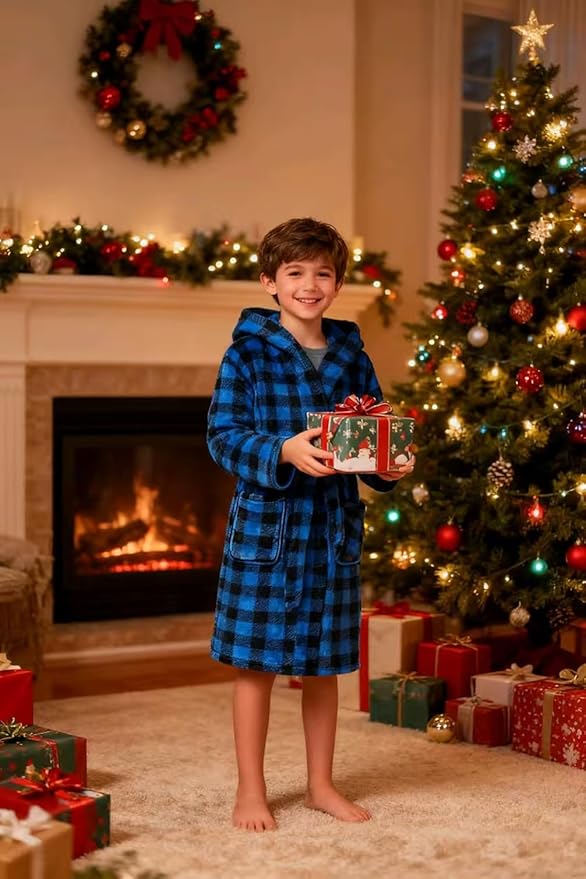 Boys Girls Robe Kids Flannel Hooded Bathrobe Sleepwear Pajamas Toddler Soft Plush Robes for Girls 2-16 Years