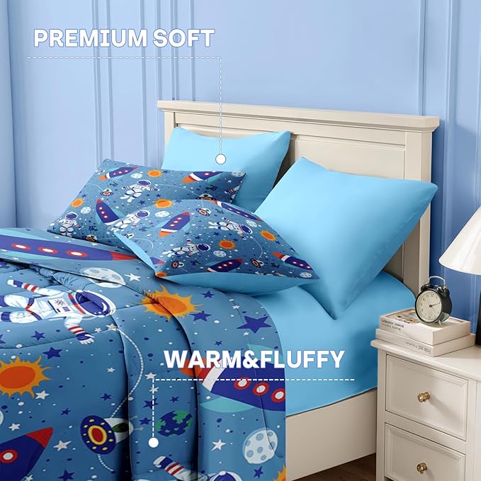 Nesker 4 Pcs Comforter Set Toddler Size, Space Moon Astronaut Bedding for Kids Teen, Cartoon Science Galaxy Bed Sheet with Pillowcase & Sham