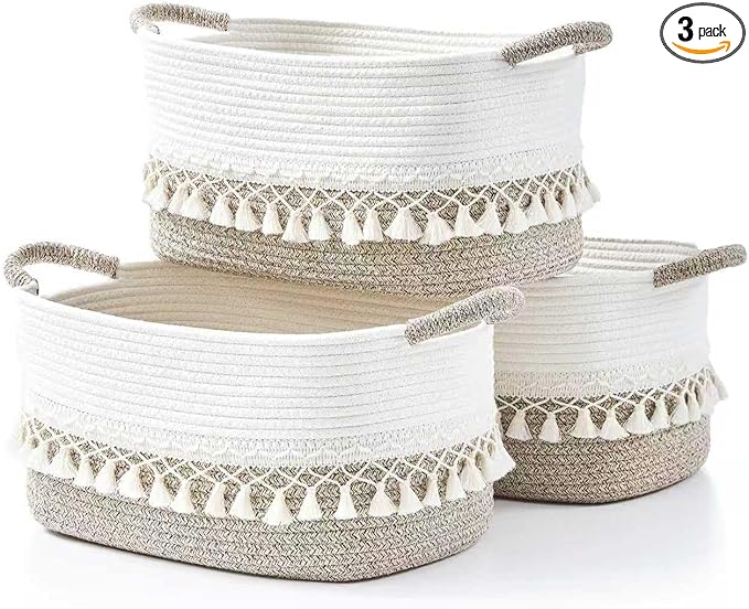 BUBUSUN Storage Bins Woven Baskets for Storage Set of 3, Cotton Rope Basket with Handles for Toys/Shelves/Laundry, Rectangle Multi-Purpose Organizer for Living Room, Bedroom, Nursery (White/Beige)