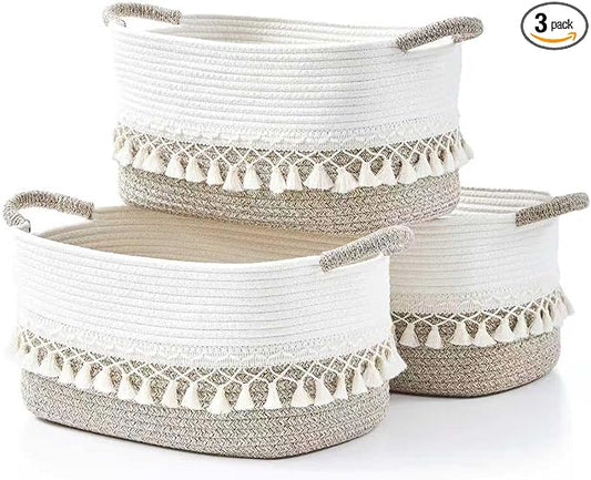 BUBUSUN Storage Bins Woven Baskets for Storage Set of 3, Cotton Rope Basket with Handles for Toys/Shelves/Laundry, Rectangle Multi-Purpose Organizer for Living Room, Bedroom, Nursery (White/Beige)