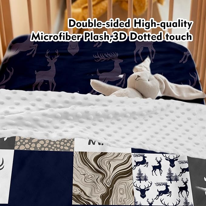 Custom Baby Crib Bedding Set,Personalized Name Navy Deer Theme Nursery Bed Set 4 Piece,Baby Blanket Fitted Sheet Nursery Rug Wall Art Set,Custom Room Decor Idea Gift for Newborns Boys Girls