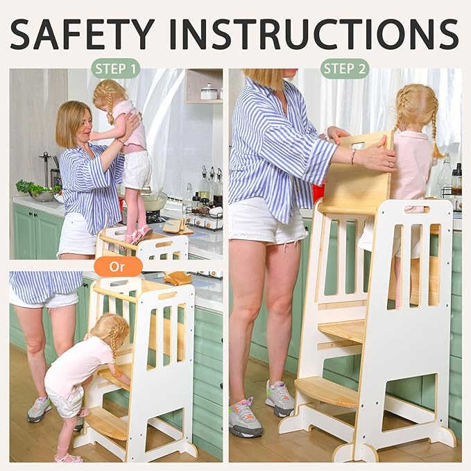 WINGYZ Toddler Tower – Adjustable Step Stool Helper for Kids 18M–6Y, Kitchen Learning Stool with Safety Rail, 3-Height Adjustable, Sliding Door, Full Support Foot, Wooden Updated Design, White