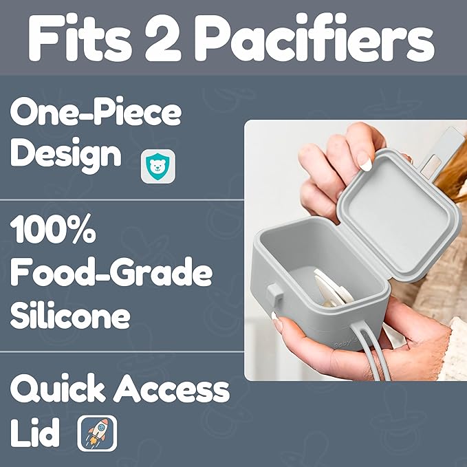 Baby's Aid Silicone Pacifier Case, No Open Slot with Patented Closure, Dishwasher Safe, Attaches to Diaper Bag or Stroller, Holds 2 Pacifiers, (Grey)
