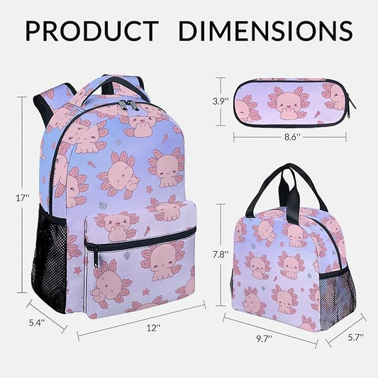 COZYAURA Backpacks for Girls - 3Pcs Cute Bookbag for Kids - Axolotl School Bag for Girls - Kids Backpacks with Lunch Box Pencil Case Set