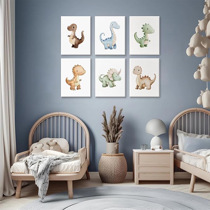 Dinosaur Nursery Wall Art Kids Canvas Poster Baby Boy Nursery Wall Decor Watercolor Dino Prints Toddler Pictures Cute Dinosaur Themed Artwork Painting for Boys Room Bedroom 8x10x6 Inch Ready to Hang