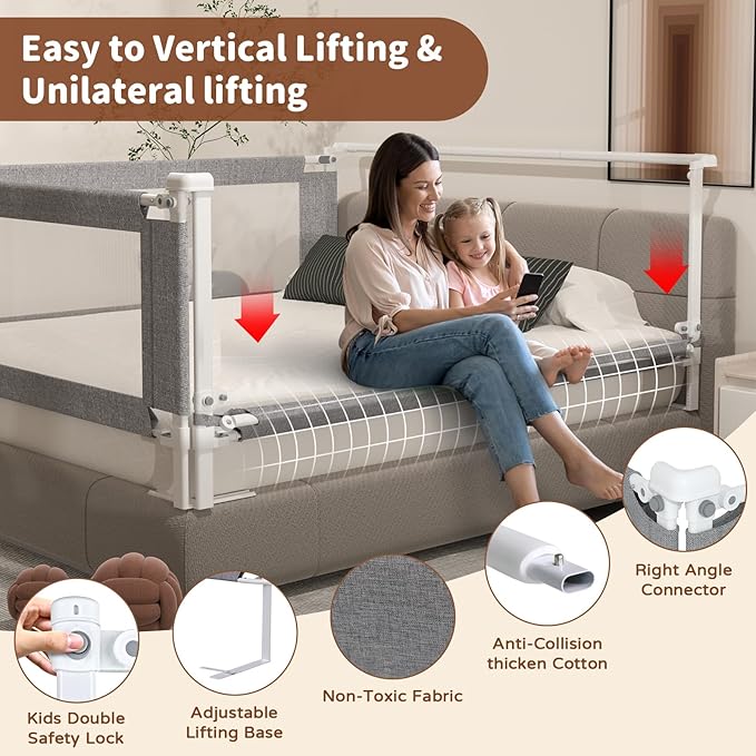 Bed Rail for Toddlers,1-Piece Height Adjustable Bed Guard Rail for Toddlers, Kids Safety Guard Rails for Twin Full Queen King Size (Gray, 1 Piece Side:39")