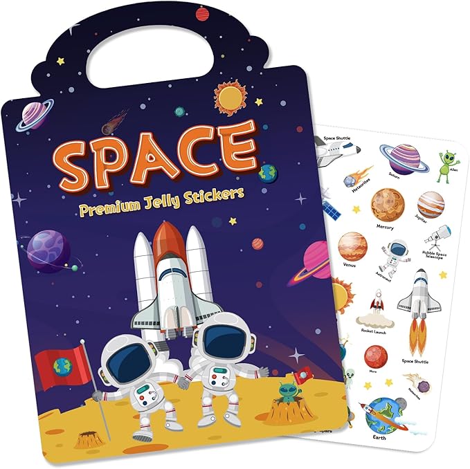 Reusable Sticker Book for Toddlers 3-6, Jelly Stickers for Kids, Sticker Activity Book Travel Toys for Road Trip, Car & Airplane, Educational Learning Gifts for Boys and Girls (Space Theme)