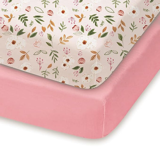Pack and Play Sheets Fitted, Mini Crib Sheets 2-Pack for Pack N Play Mattress, Stretchy Playard Sheet, Soft and Breathable