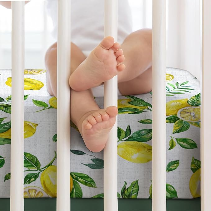 Watercolor Fresh Lemons Baby Crib Sheet 52''x28'' Summer Lemon Green Leaves Stretchy Fitted Crib Mattress Cover for Boy Girl Tropical Fruit Soft Nursery Bed Sheet for Standard Crib Toddler Mattress