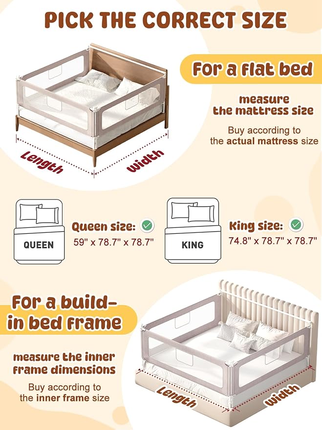 VBABY 3-Piece Bed Rails for Queen Bed, Sturdy Baby Bed Rail Guard for Toddler, Adjustable Height Queen Bed Rails with Headboard Rod, Grey, 59 x 78.7 x 78.7 in