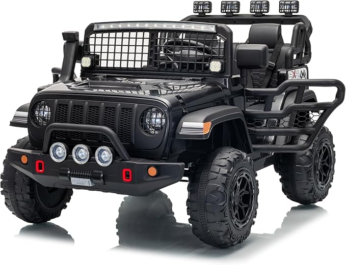 2 Seats 24V Kids Electric Ride on Car with Remote Control, 20" Large Seat with 2 Safety Belts, Two 200W Battery Powered Electric Vehicle for 3+ Years, LED Light,Music,Horn,USB Port, Riding Toy,Black