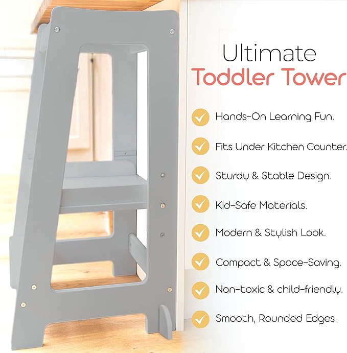 Stepup Baby Toddler Step Stool - Adjustable Height Kids Helper Step Stool, Durable, Non-Slip and Bathroom Sink, Platform for Kitchen, Toddler Tower for Exploration and Growth - Grey