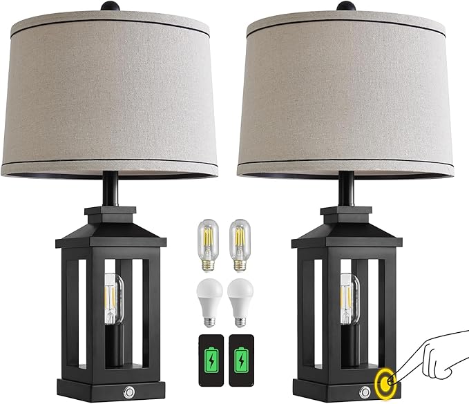 G-SAFAVA 23.75" Retro Farmhouse Black Table Lamp for Living Room Bedroom Nightstand Set of 2 Touch Control Bedside Nightlight Vintage Modern Lamp with USB C+A Ports and 2 Light Sources