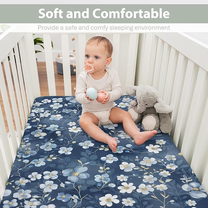 Wonderful Flowers Baby Crib Sheets for Boy Girl 52x28Inch Vintage Blue Floral Soft Stretchy Fitted Crib Mattress Cover Spring Summer Nursery Baby Sheet for Standard Crib and Toddler Bed Mattresses