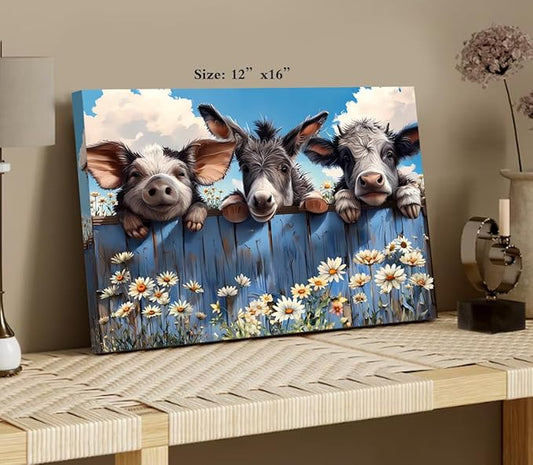 Farm Animals Canvas Wall Art Farmhouse Cow Donkey Pig Pictures Canvas Bathroom Decor Prints Painting,Rustic Animals Framed Artwork for Bedroom Living Room Kitchen Bathroom Decor12 x16