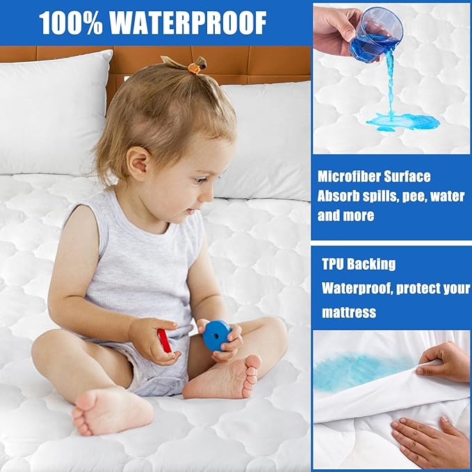 Waterproof Mattress Protector Cal King Size, Deep Pocket Fitted Quilted Mattress Pad Cover, Breathable, Hollow Cotton Alternative Filling Mattress Pad Cover