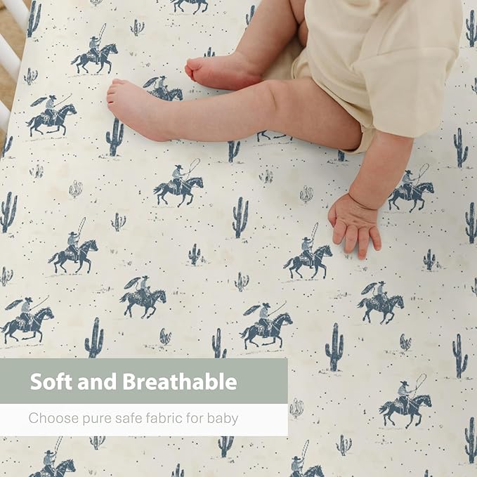 Vintage Western Cowboy Baby Crib Sheets for Boy Girl 28"x52" Retro Cowboy Horse Cactus Soft Stretchy Fitted Crib Mattress Cover Wild Desert Baby Sheet for Standard Crib & Toddler Mattress Pads