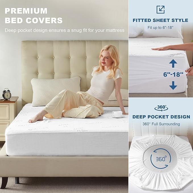 BEDLORE King Size Waterproof Mattress Protector Viscose Derived from Bamboo, Soft Mattress Cover Fitted with Deep Pocket 6"-18", Breathable Noiseless Mattress Pad, Machine Washable(White)