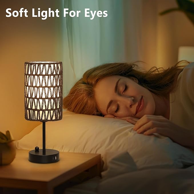 Eayaya Gray Bedside Lamps Set of 2, Touch Control Night Stand Lamp for Bedroom with Rattan & Linen Shade & Bulbs, 3 Way Dimmable Small Boho Table Lamps with USB Charging Port & Phone Stand