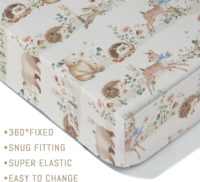 Pastel Animals Bows Floral Mushroom Baby Crib Sheets for Boy Girl Cute Bear Deer Bunny Hedgehog Soft Snug Fitted Crib Mattress Covers for 52''x28'' Standard Crib & Toddler Mattress Nursery Bed Sheets