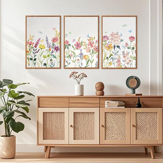 CHDITB Framed Canvas Wall Art Set, Nature Butterfly Flower Wall Decor, Floral Poster,Botanical Artwork Wildflower Painting, Abstract Green and Pink Art Prints for Young Lady Girl Room 16"x24"x3