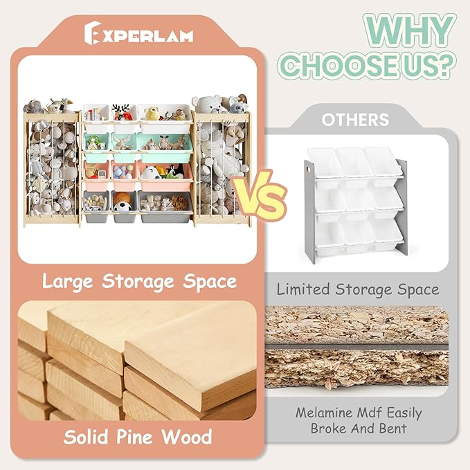 EXPERLAM Toy and Stuffed Animal Storage, 12-Bin Toy Shelf with Double-Sided Stuffed Animal Holder & Thicker Elastic Ropes, Space-Saving Solid Wood Toy Organizer for Playroom, Nursery, Bedroom, Multi