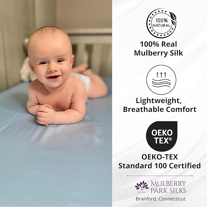 Mulberry Park Fitted Silk Crib Sheet - Grade 6A Pure 19 Momme Toddler Bedding - Gentle on Baby's Delicate Skin, Helps with Bald Spot, Eczema, Dry Skin & Cradle Cap - 28" x 52" / Goodnight Green