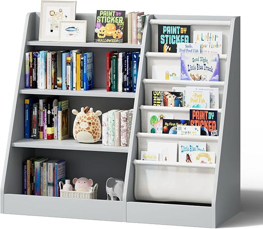 HedoAjim Gray 4 Tier Kids Wooden Bookshelf,Five Layer Sling Toddler Front Facing Bookcase,Baby Kids Storage Book Rack,Book and Toy Organizer Cabinet,Child Book Display Playroom Nursery Bedroom