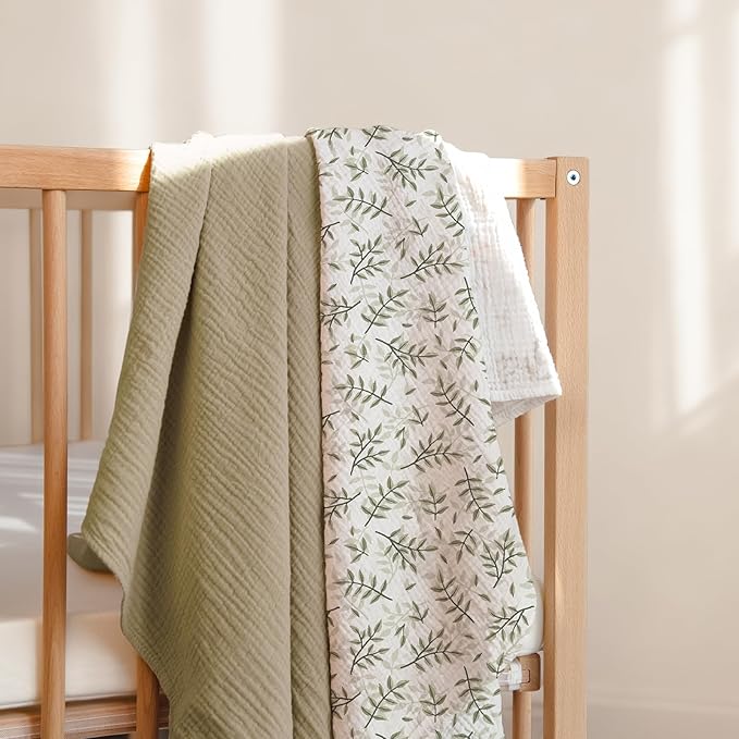 lulumoon Muslin Swaddle Blankets for Baby: Cotton & Soft Receiving Blanket for Newborn with Leaves Printed- Neutral Gift for Baby Shower 2pack(Olive Leaf)
