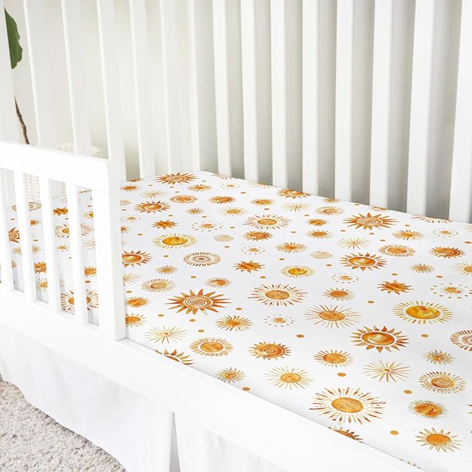 Watercolor Suns Totem Baby Crib Sheets 52''x28'' Boho Sunshine Stretchy Fitted Crib Mattress Covers for Boy Girl Golden Suns Soft Nursery Baby Bed Sheets for Standard Crib and Toddler Mattress