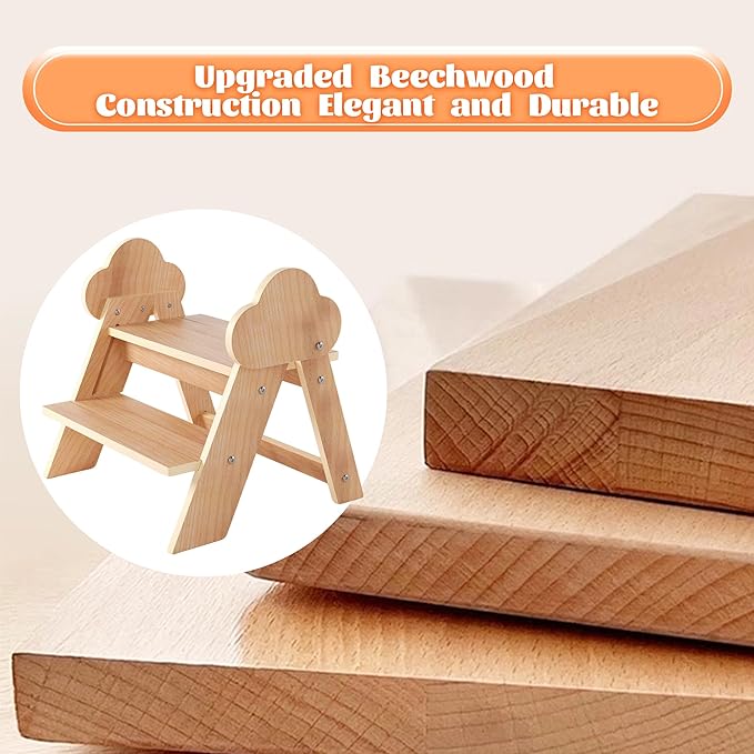 Novarieth Beech Wooden Toddler Step Stool, 2-Step Foldable Stool for Kids with Non-Slip Surface, Baby Bathroom Stool for Potty Training, Bathroom Sink, Kitchen Counter with Cute Cloud Design