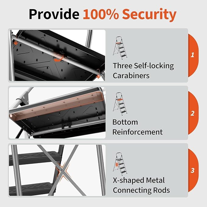 DIAMONDFORGE 4 Step Ladder, Folding Step Stool with Anti-Slip Wide Pedal, Soft Handle, Anti-Slip Feet, Heavy-Duty Steel Construction, 900lbs Capacity Steel Ladder for Office Home, Grey