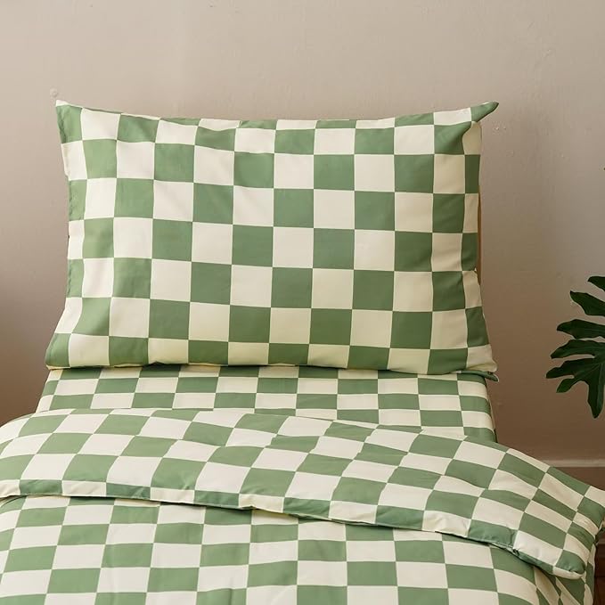 CLOTHKNOW Plaid Toddler Bedding Sets for Boys Grils, 4 Pieces Green White Grid Checkerboard Pattern, Soft Crib Bed Set Including Comforter, Flat Sheet, Fitted Sheet and Pillowcase, Green Beige
