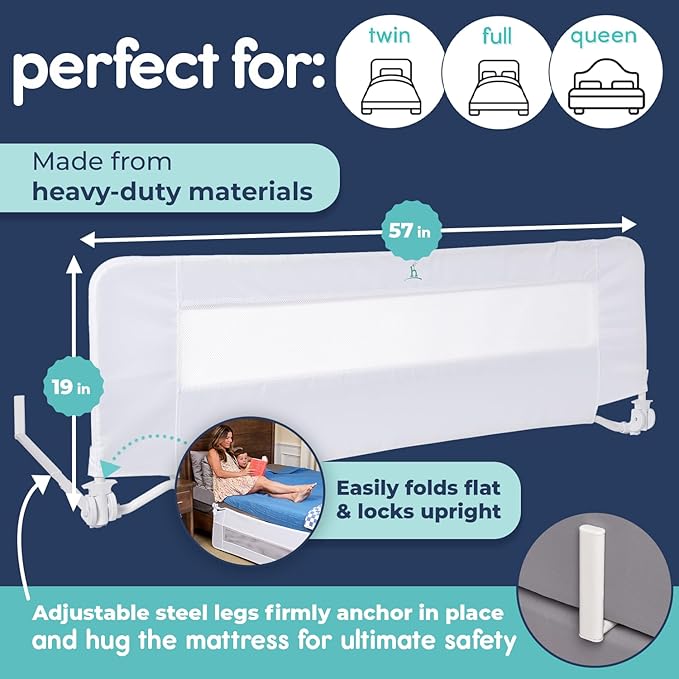 Hiccapop 57" x 19" Extra Long Bed Rail for Toddlers, Heavy Duty Swing Down Bed Rail Guard with Soft Mesh Cover Safely Fits Twin, Full, Queen Beds