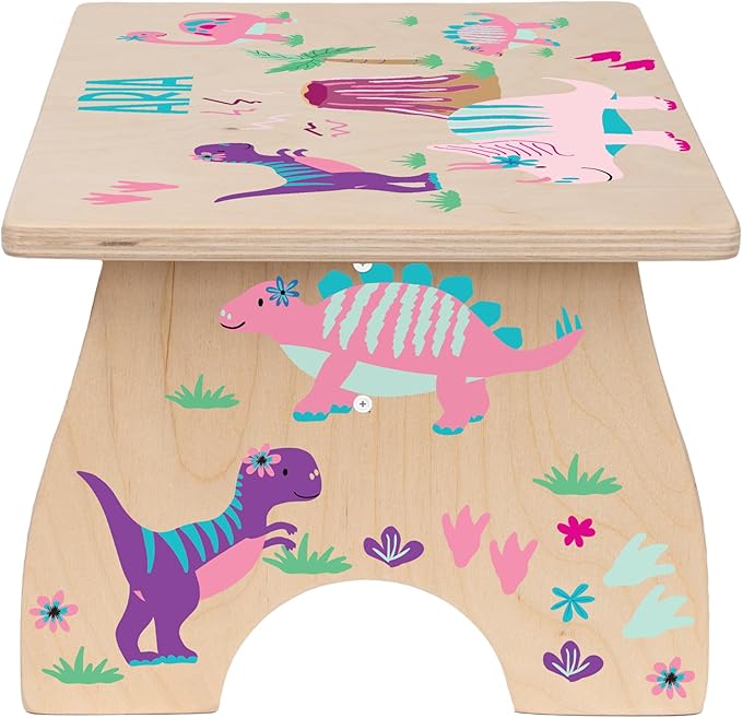 Dinosaur Step Stool for Toddler Girl - Personalized Wood Kids Step Stool with Name for Kitchen Sink, Bathroom, Potty Training, Toilet, Kitchen Sink- Made in USA by BloomOwl (Dinosaur- Girl)