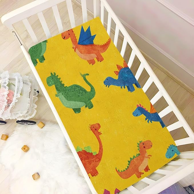 Dinosaur Cape Bright Yellow Crib Sheets Standard Crib Toddler Mattresses Cover Fitted Baby Bed Sheet Breathable Crib Mattress Sheet for Girls Boys 52" x 28"x5''