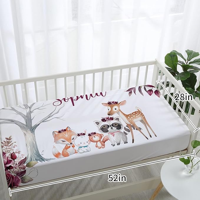 Custom Baby Crib Bedding Set,Personalized Name Rose Animal Pattern Nursery Bed Set 4 Piece,Baby Blanket Fitted Sheet Nursery Rug Wall Art Set,Custom Room Decor Idea Gift for Newborns Boys Girls