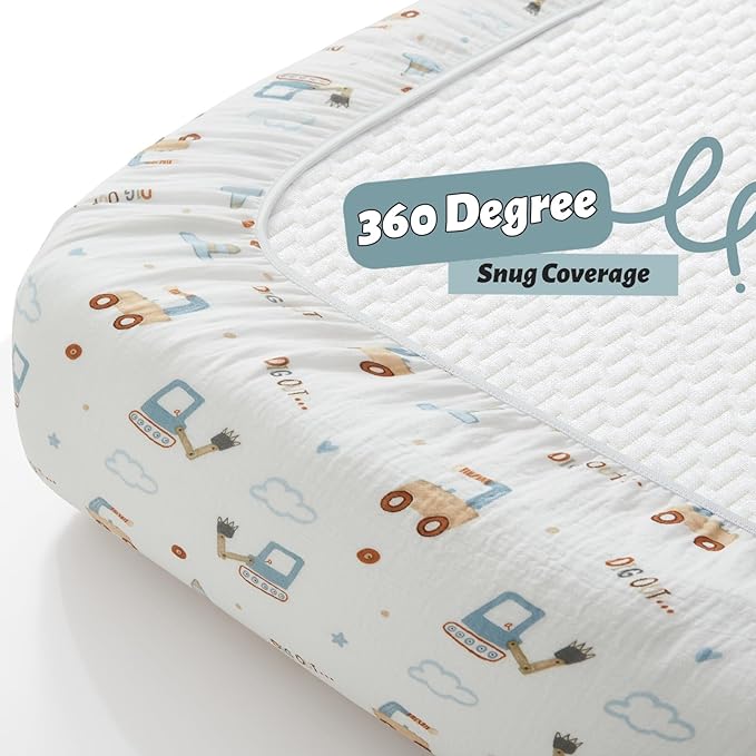 SiinvdaBZX 2 Pack Muslin Crib Sheets for Boys, Ultra Soft Cotton Breathable Fitted Baby Crib Mattress Sheets for 52"x28" Standard Toddler Mattress (2Pcs Construction Trucks)